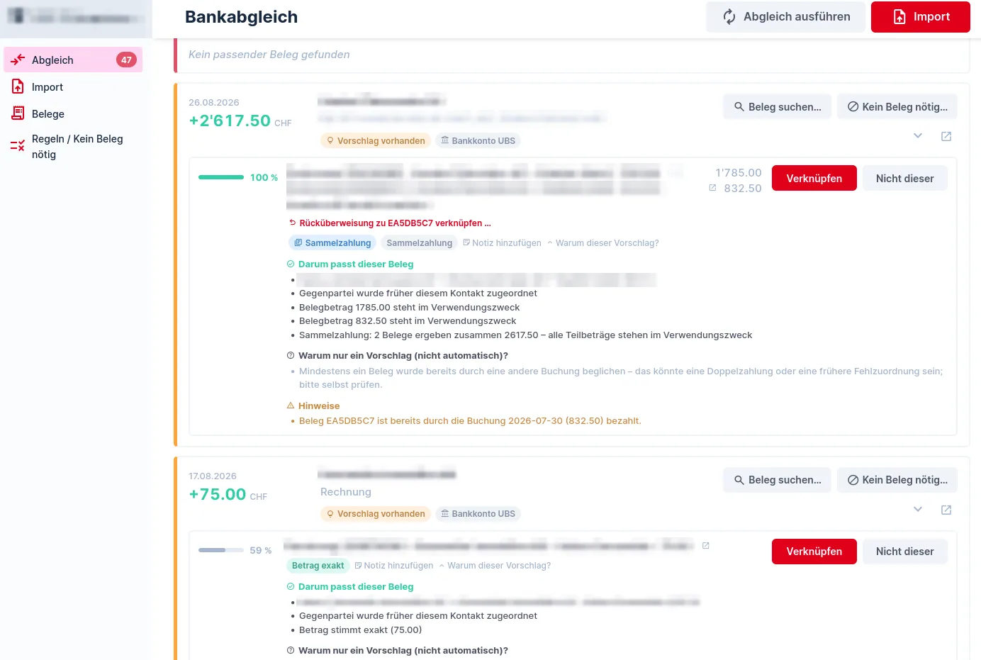 Bankabgleich: Arbeitsliste mit Vorschlägen