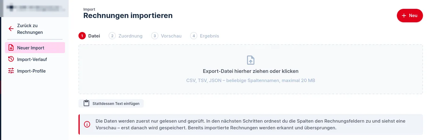 Neuer Import: Datei wählen