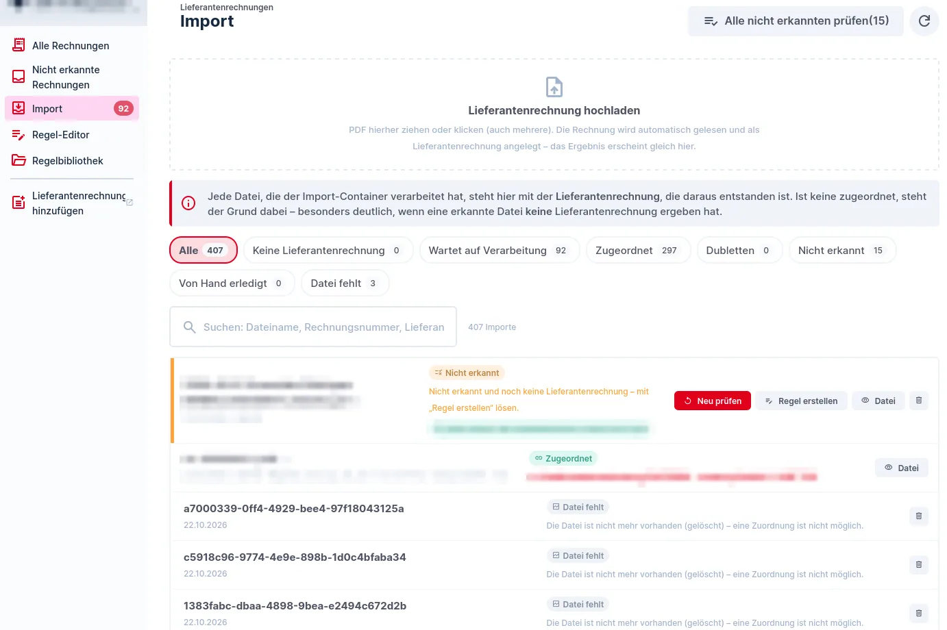 Seite Import mit Upload-Feld, Filter-Chips und Liste der Importe